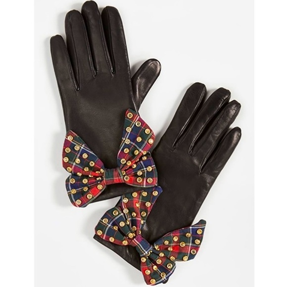 🆕LELE SADOUGHI CASHMERE LINED BLACK LEATHER GLOVES PLAID TARTAN BOW & CRYSTALS - Picture 3 of 5